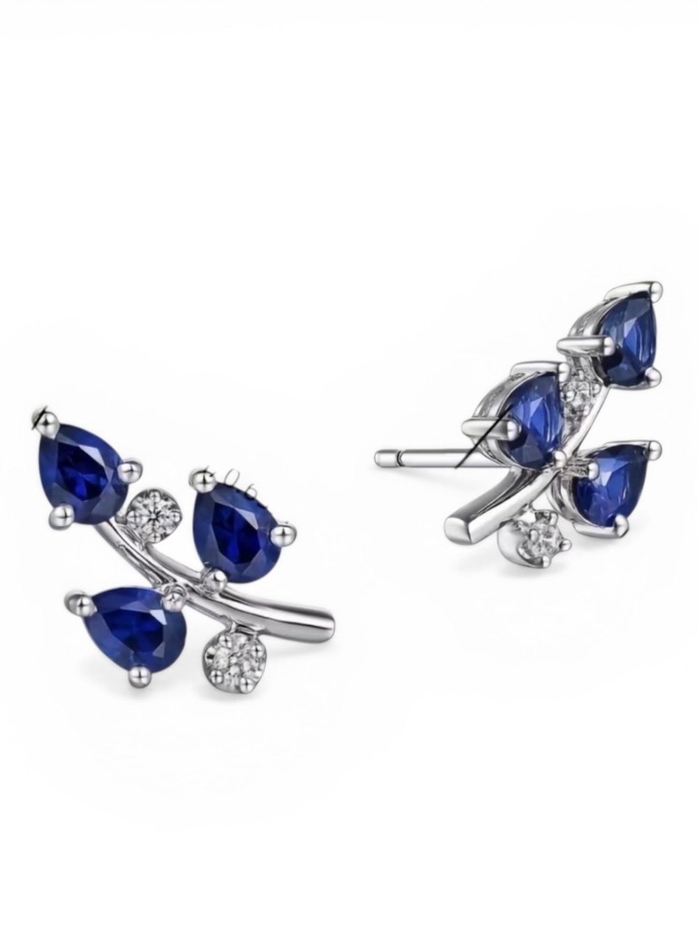 White Gold Plated Blue Sapphire Teardrop Crystal Cluster Leaf Climber Earrings.